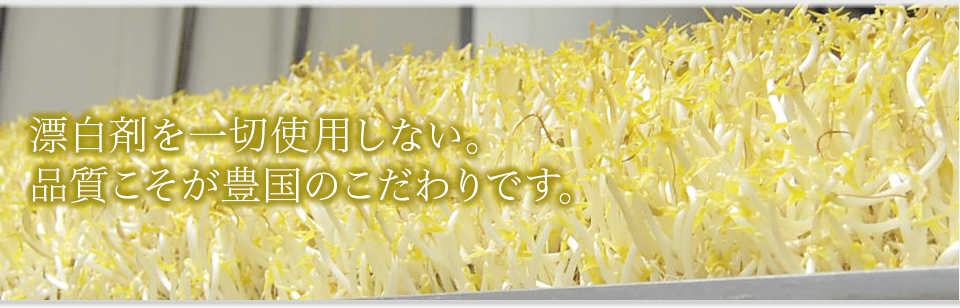 漂白剤は一切使用しておりません。こだわり製法で白くて健康なもやしを育てています。